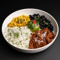 Close-up birria beef bowl with rice and garnish – high protein meal